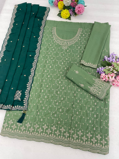 Fabric texture close-up of Chinon embroidered ethnic suit set