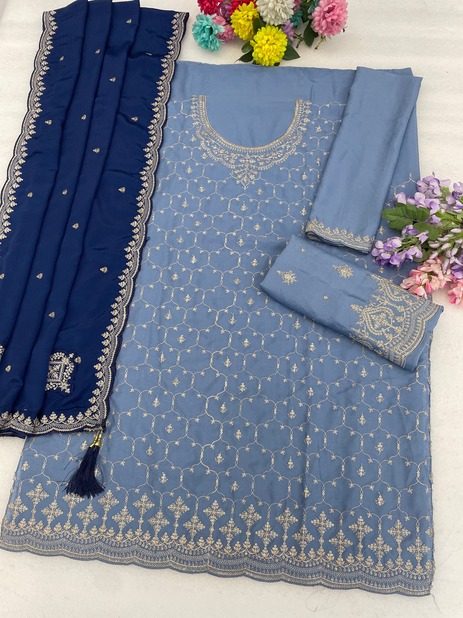 Sky blue party wear palazzo suit with matching dupatta front view