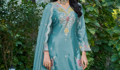 Explore Teal Palazzo Suit with Back Side Full Work