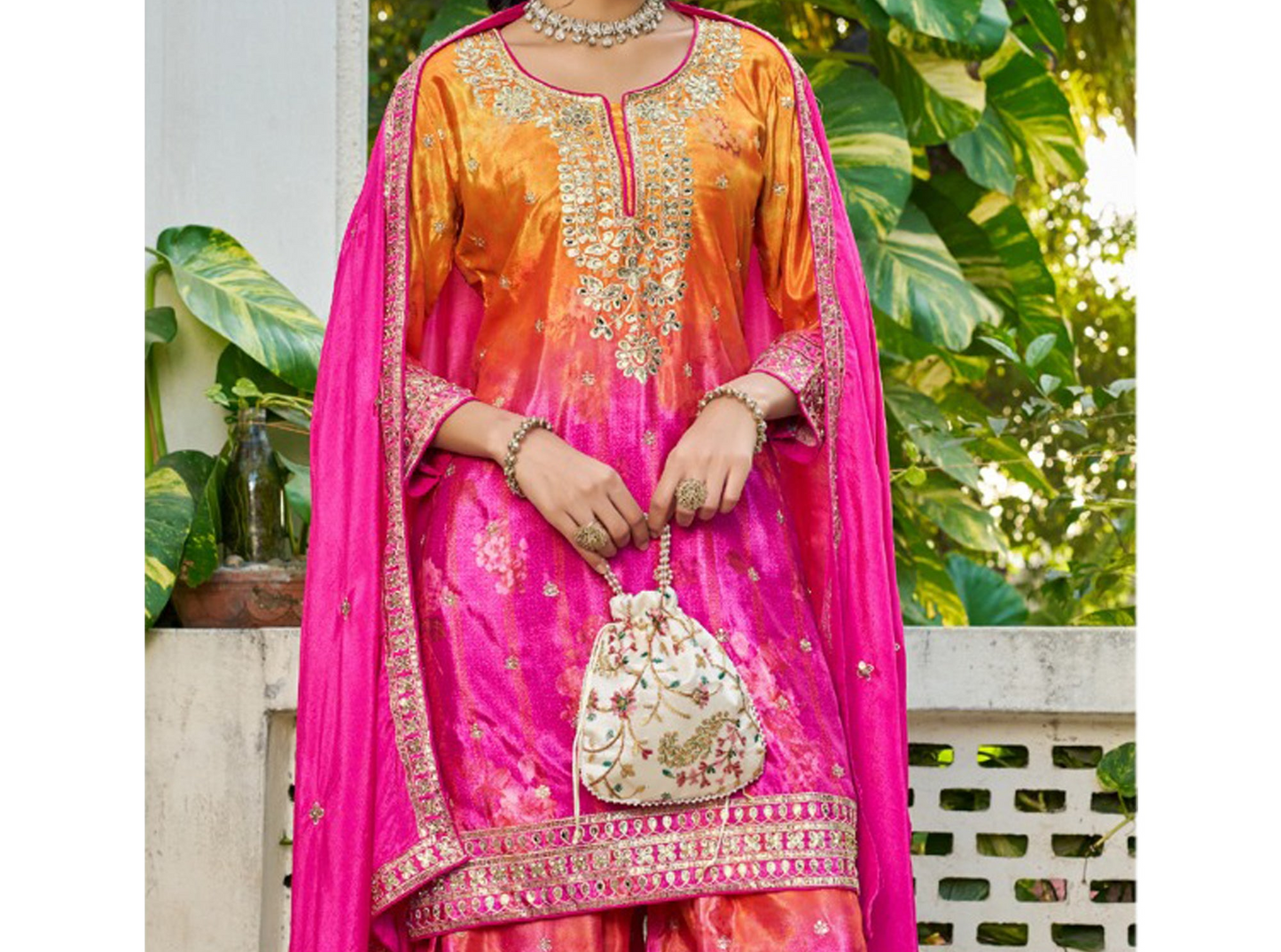 Front view of readymade ethnic palazzo suit with Jari+Sequence Work