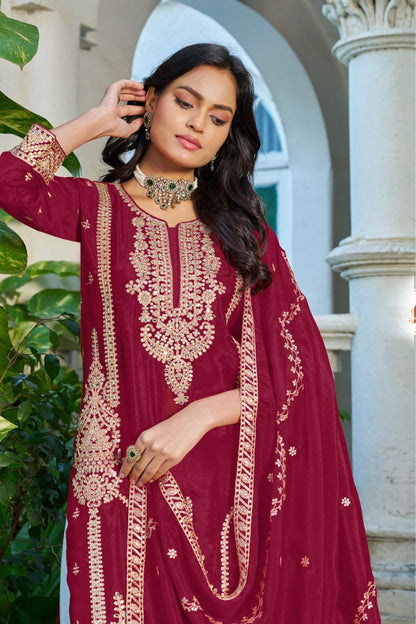 Chinon fabric maroon palazzo outfit with detailed border work