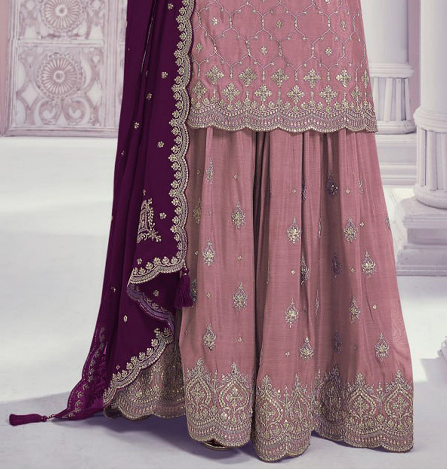 Baby pink palazzo back view with embroidered design