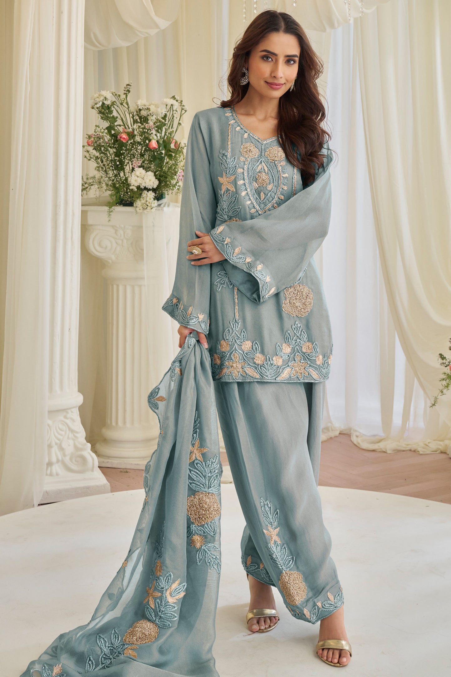Blue chinon silk salwar suit full length front view
