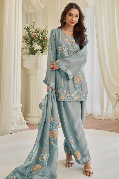 Blue chinon silk salwar suit full length front view