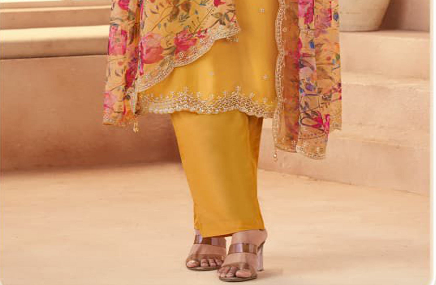 Chinono silk embroidered salwar suit in mustard yellow