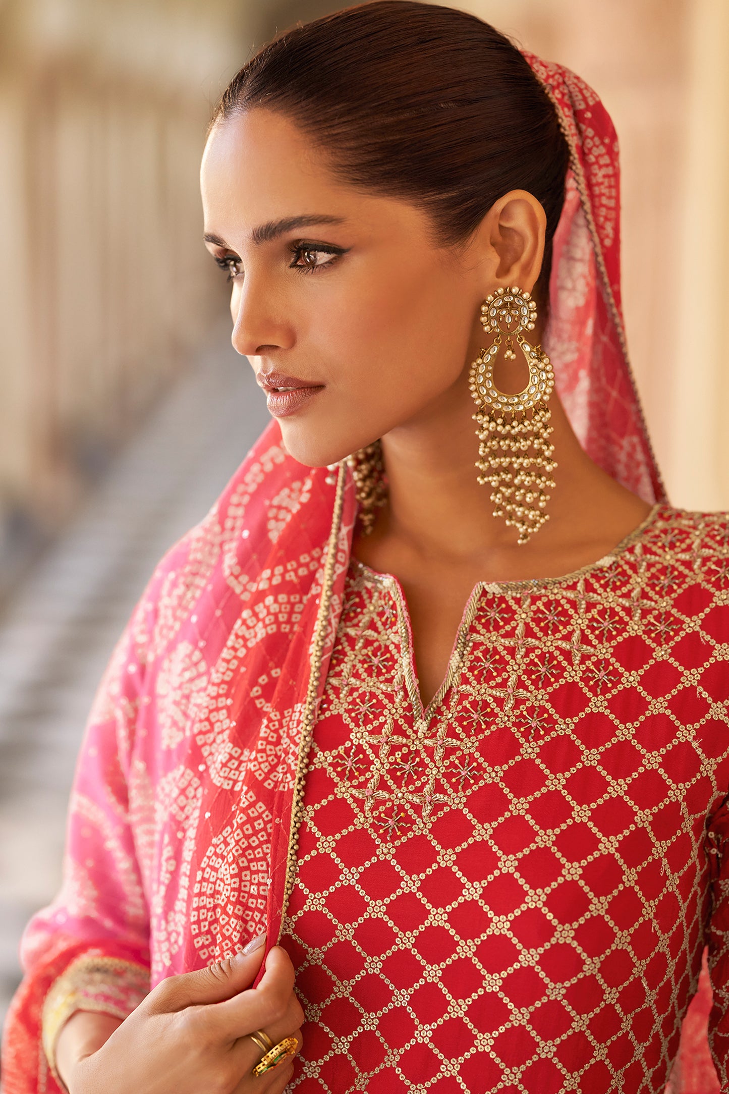 Chinon silk red sharara suit fabric texture close-up