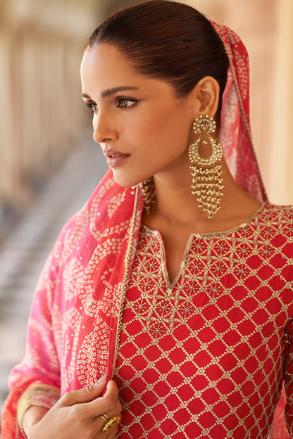Chinon silk red sharara suit fabric texture close-up