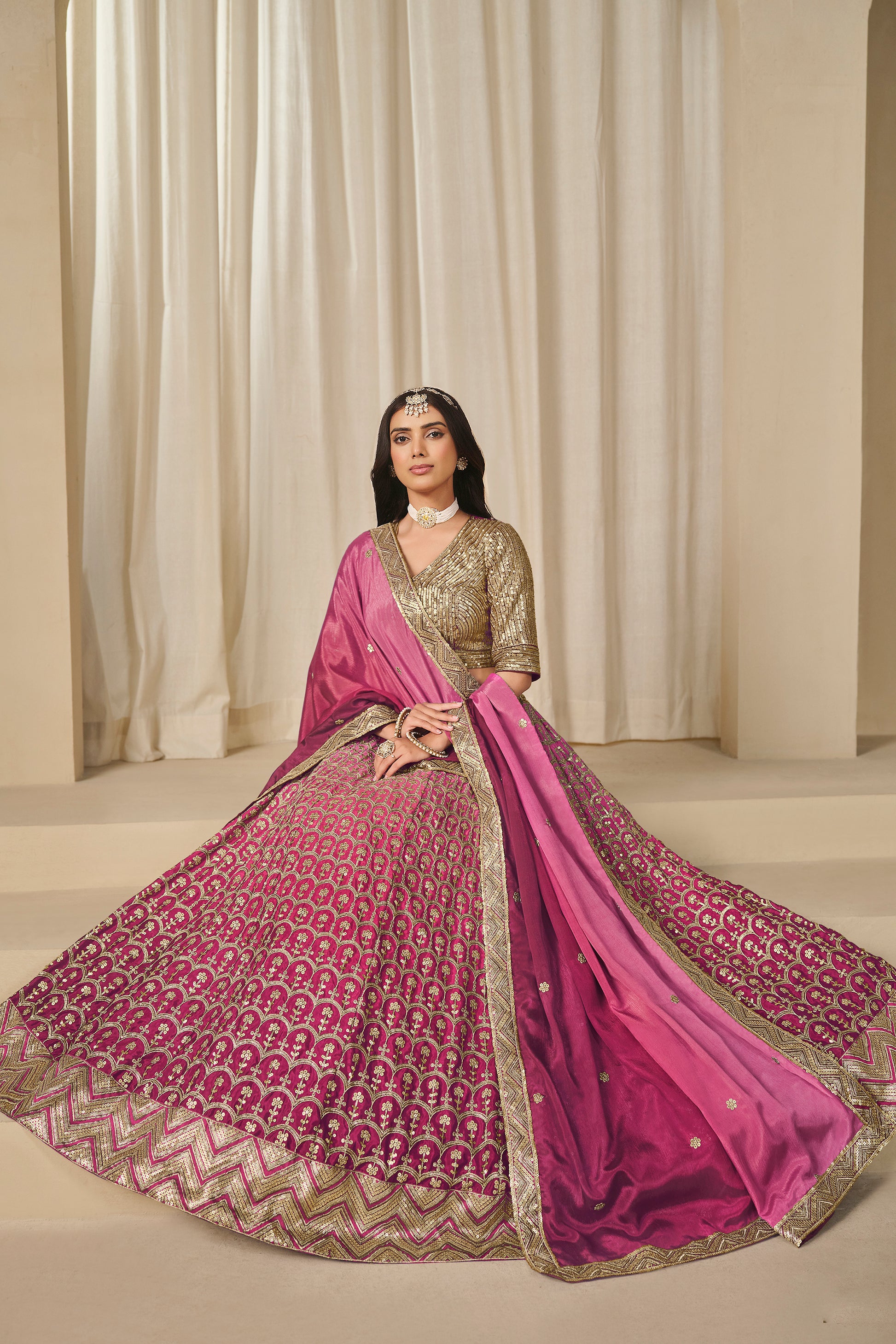 Chinon silk lehenga choli with thread embroidery detail