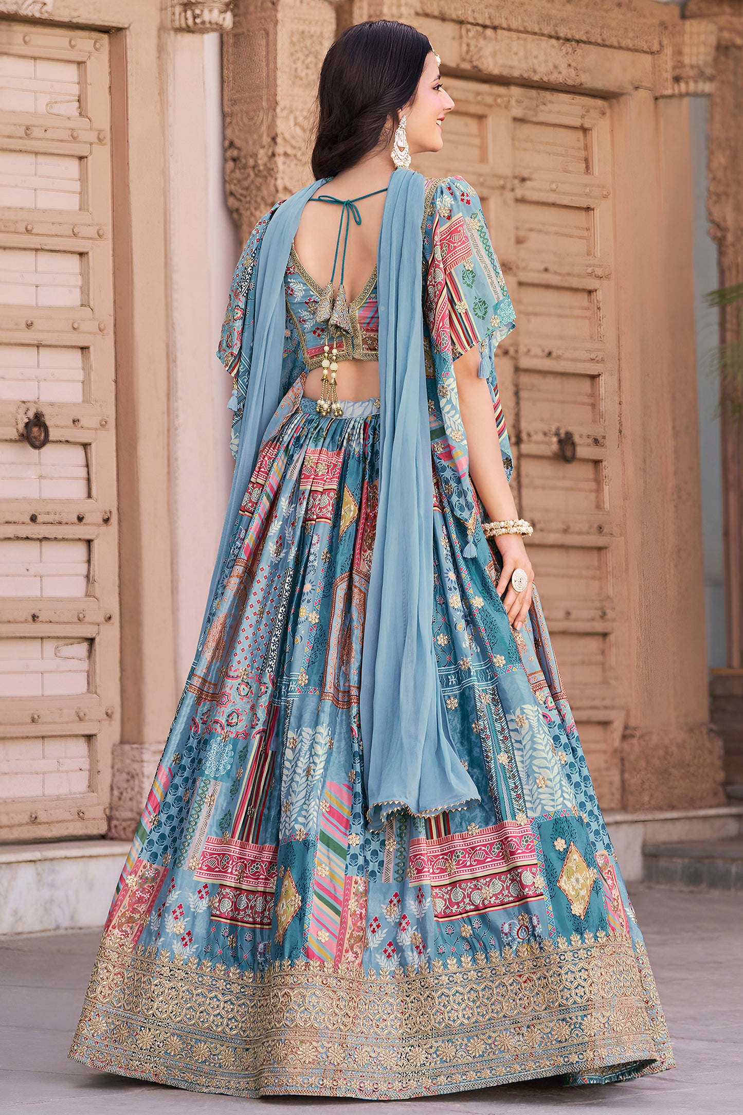 lace border detail on sky blue lehenga hemline