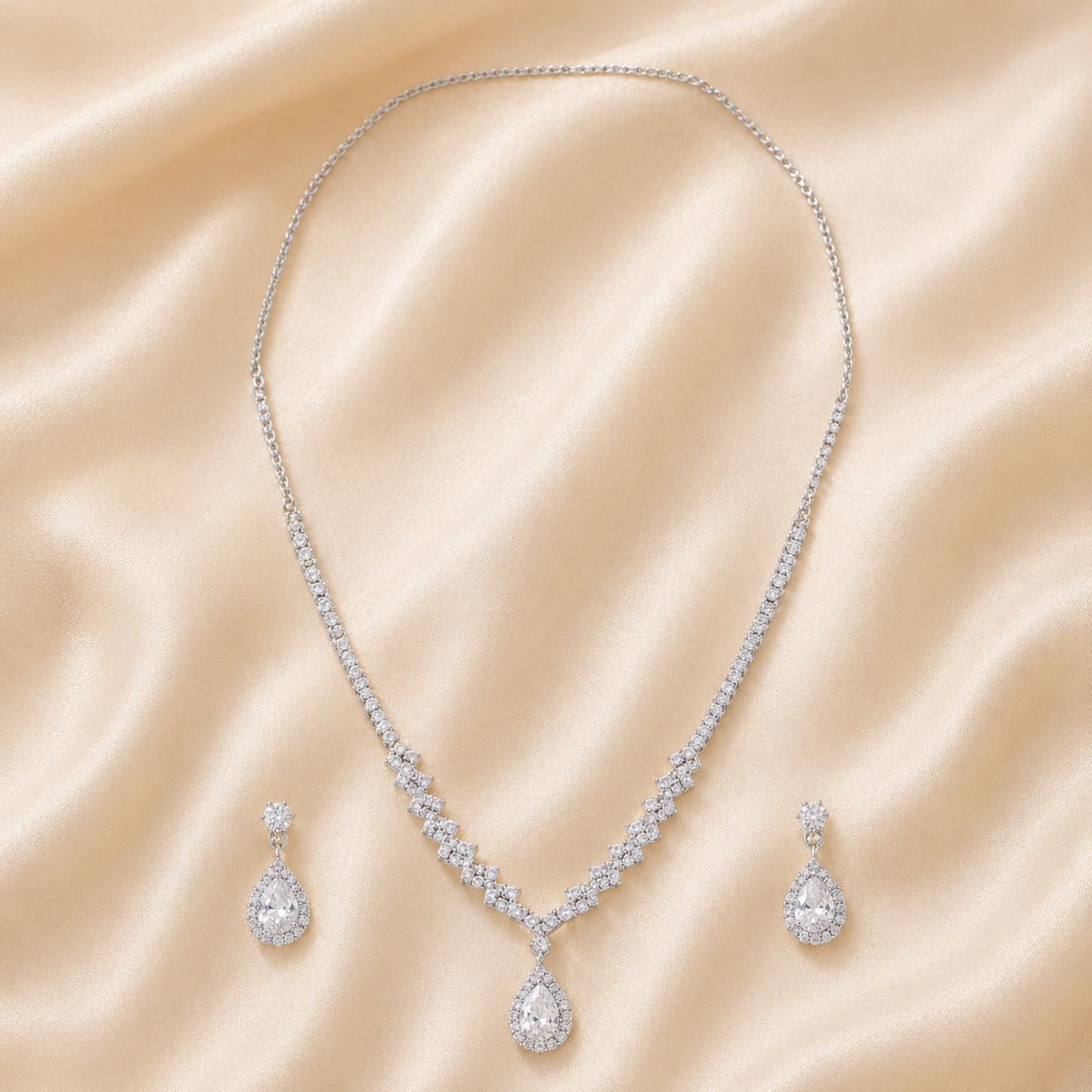 Silver tone teardrop pendant necklace close-up