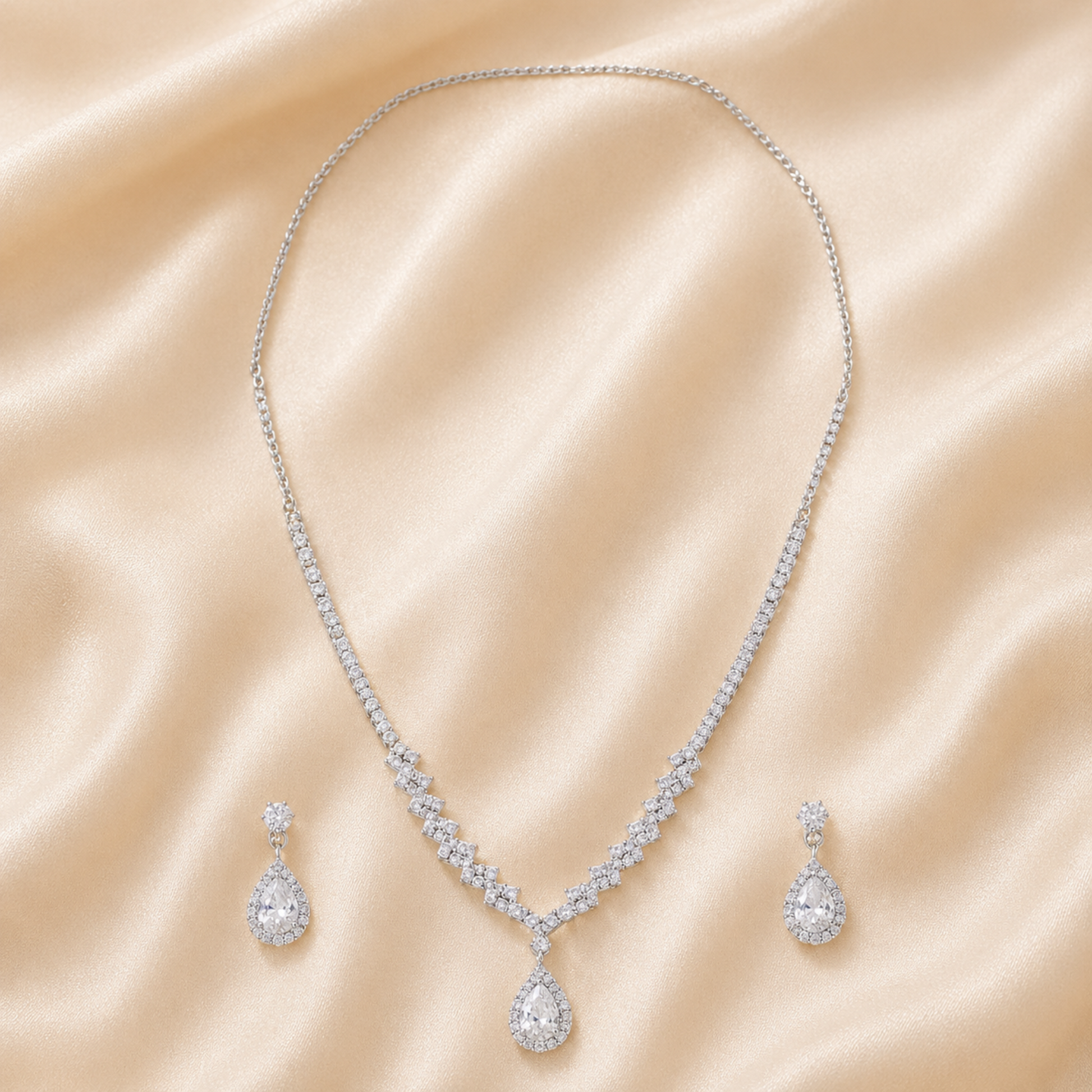 Silver tone teardrop pendant necklace close-up
