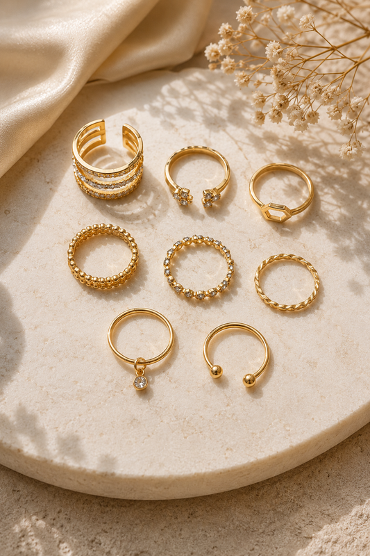 Gold tone ring set presented on a curved stone platform