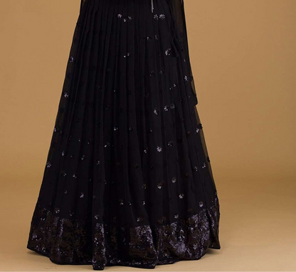 close view sequin embroidery on black festive lehenga