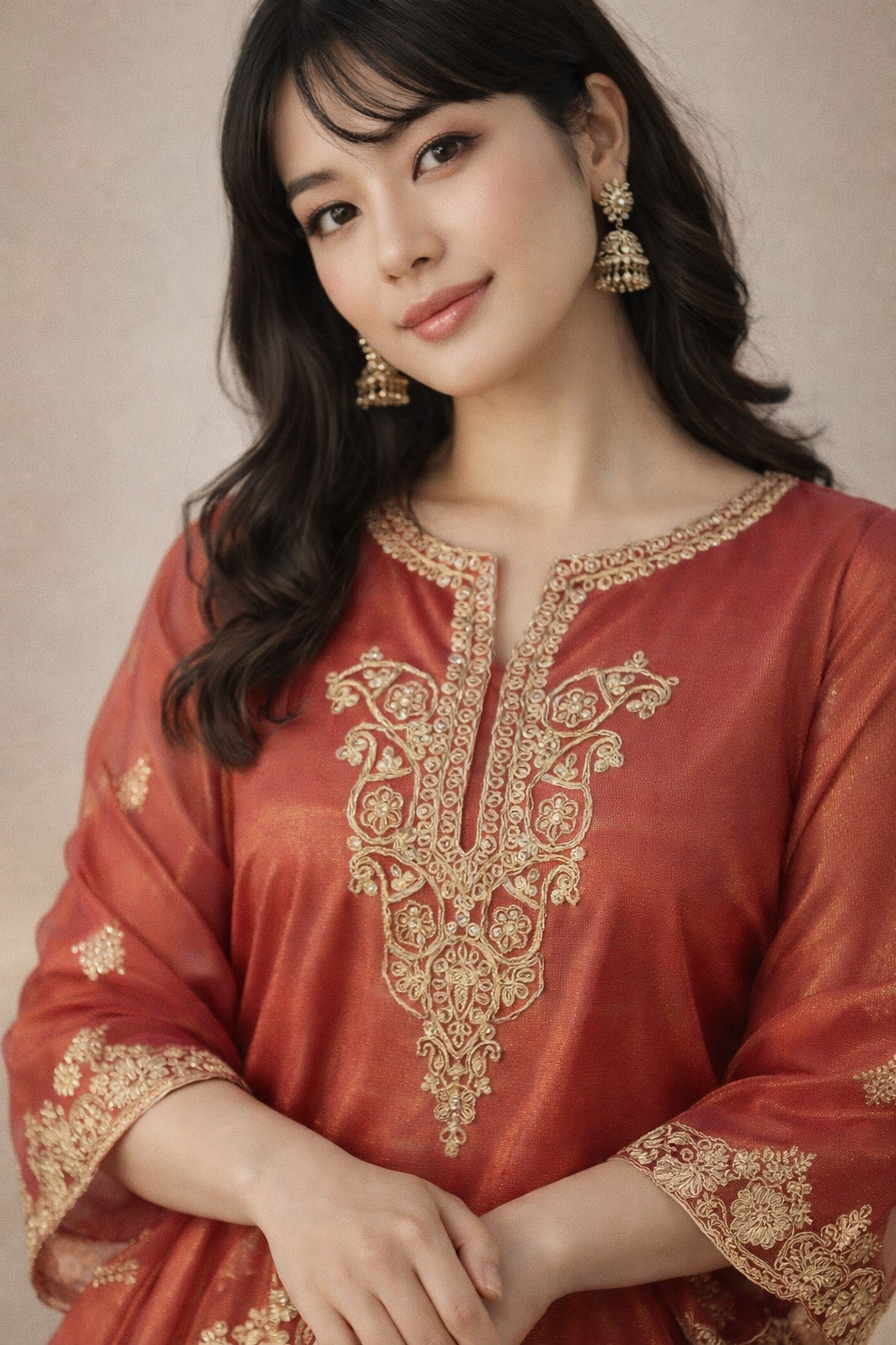 close up of supernet fabric texture on orange kurti