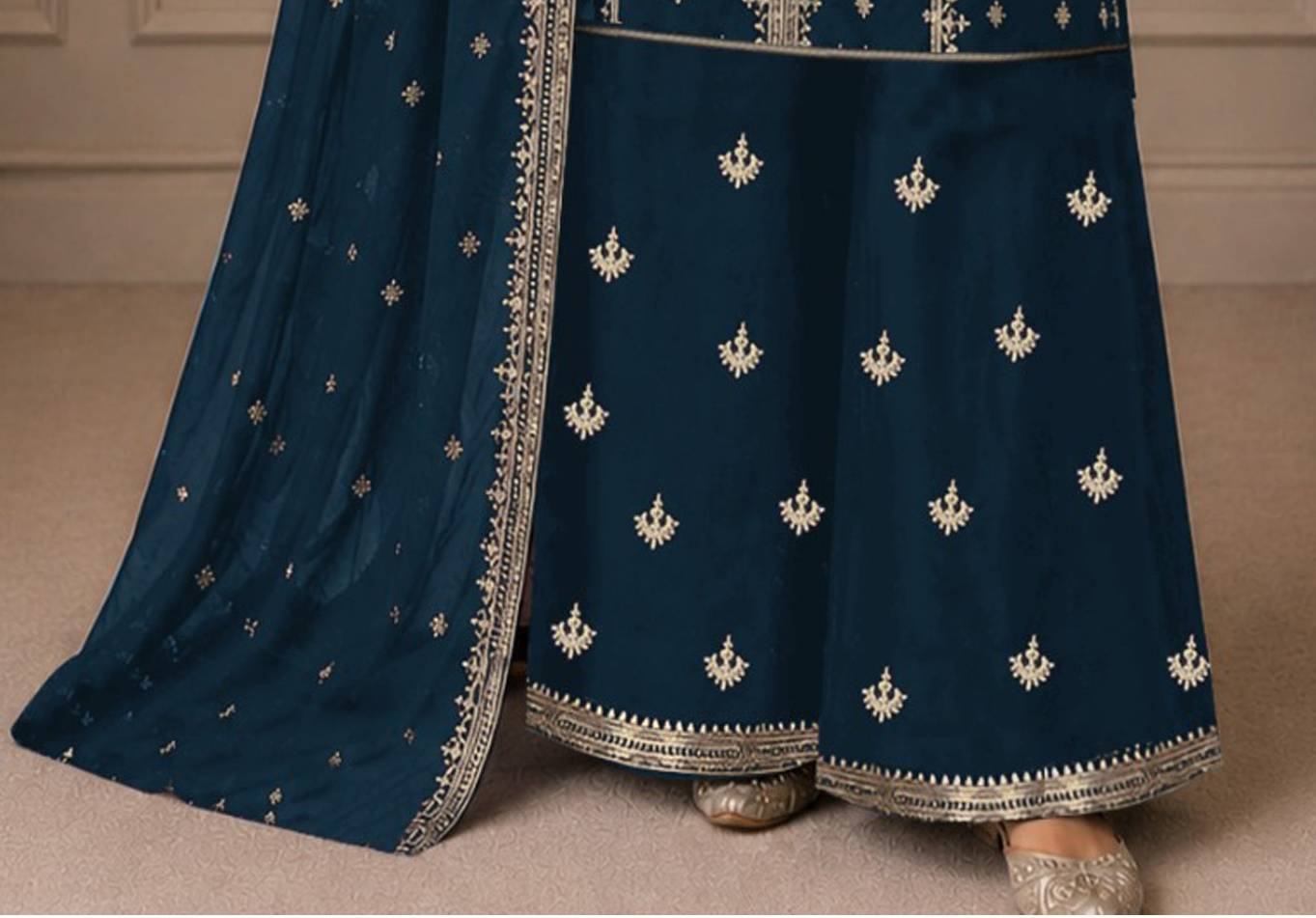 Close-up of Sequence & Coding Work on Teal Blue Georgette fabric