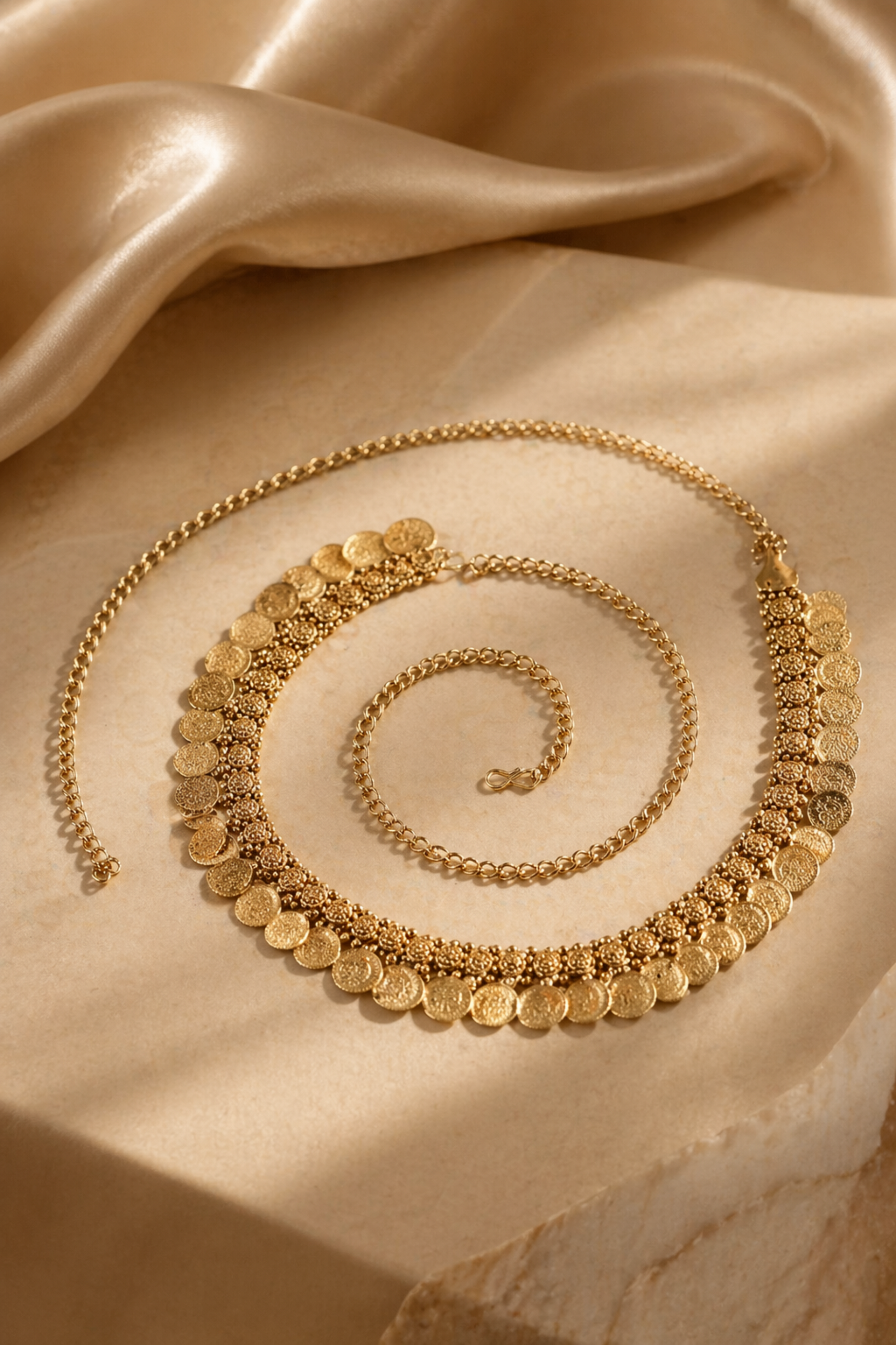 Gold necklace on a beige fabric background