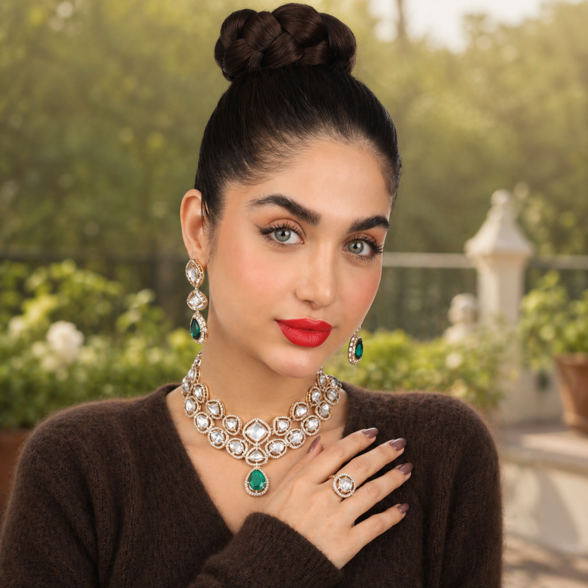 Double-layer necklace set with clear stones and green accent detail