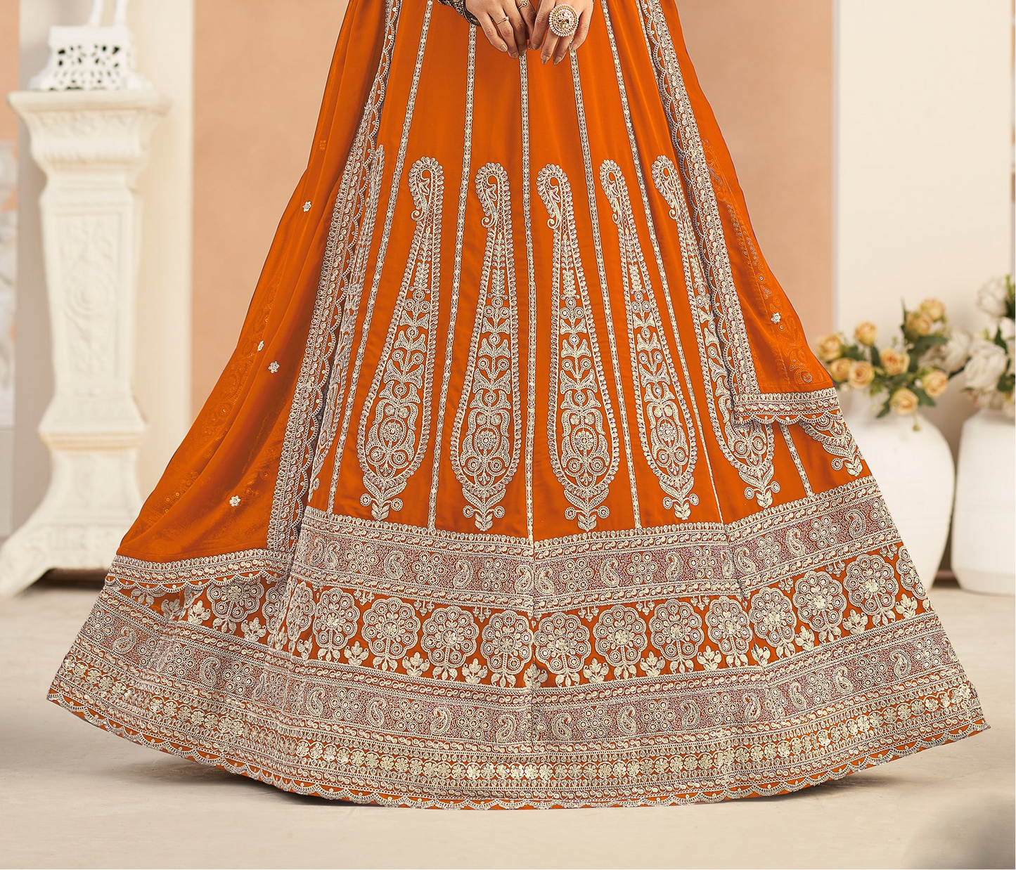 Coral wedding lehenga full outfit for reception look