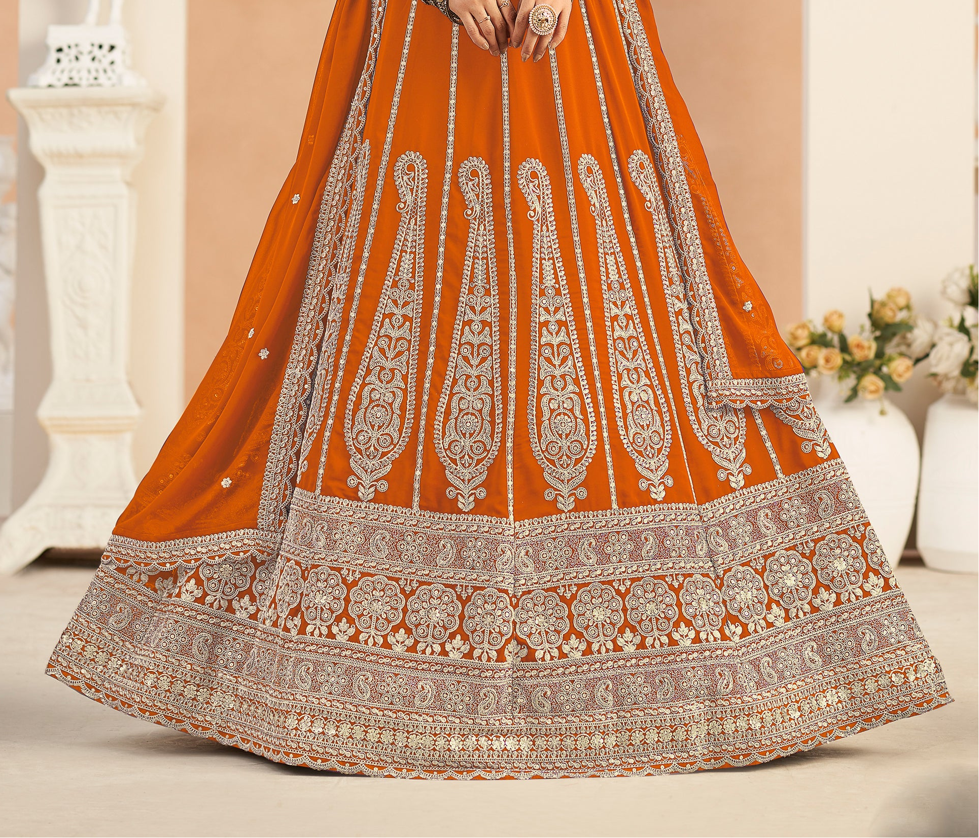 Coral wedding lehenga full outfit for reception look