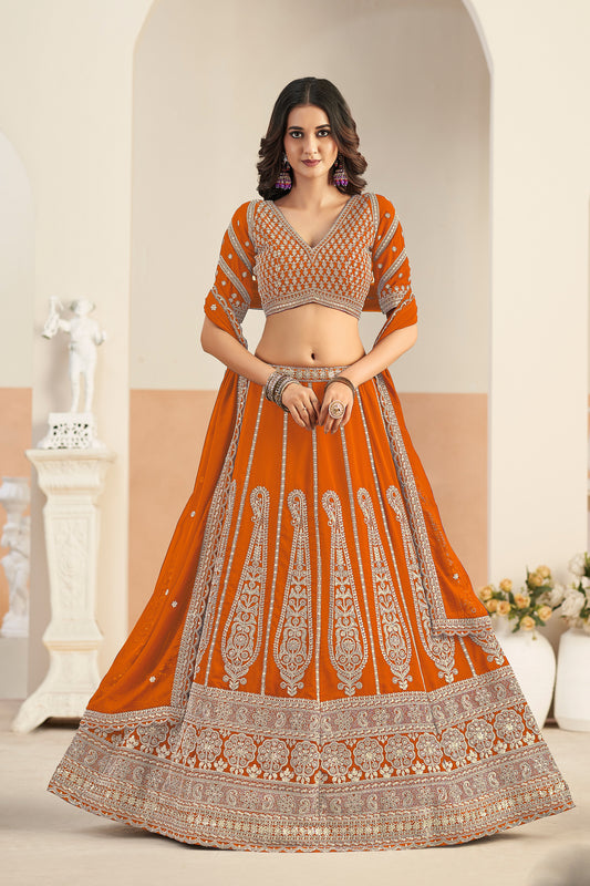 Coral wedding lehenga front view with embroidered blouse