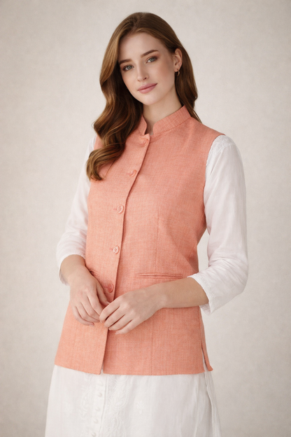 peach nehru jacket layered for festive Navratri look