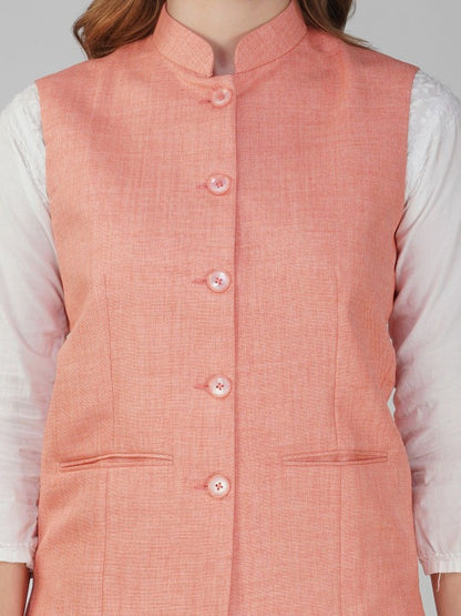 close-up of cotton texture on peach nehru jacket