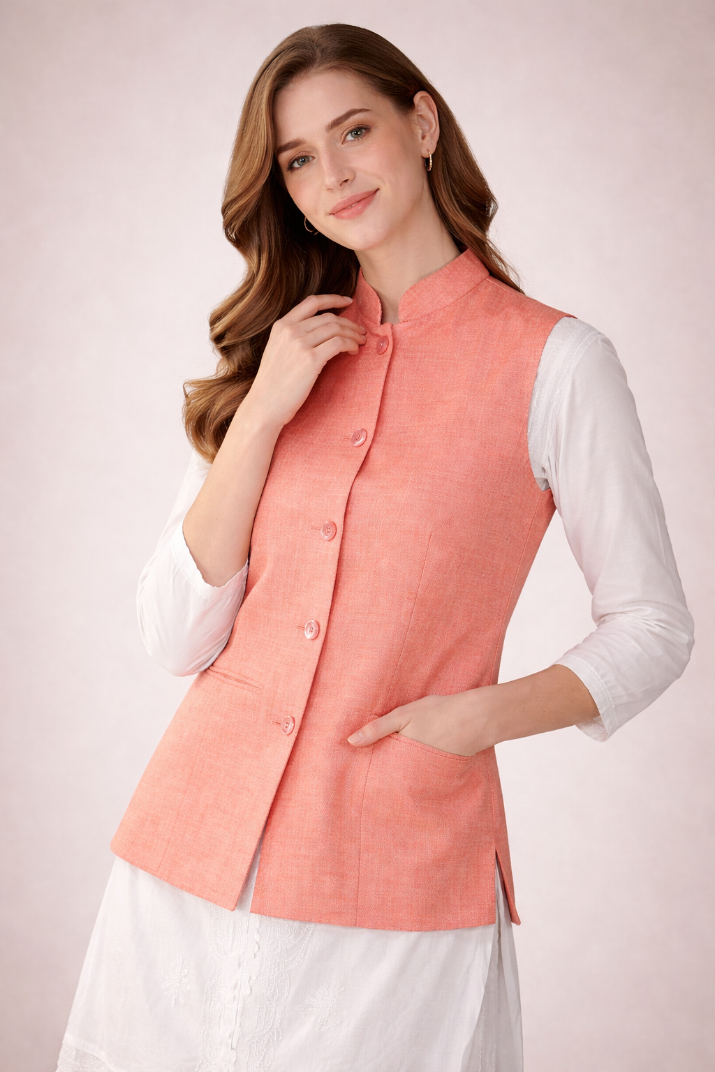 side profile of peach nehru jacket for wedding styling