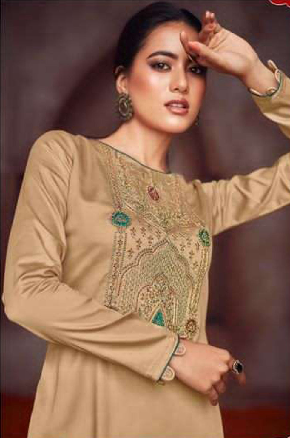 Coding embroidery detail on beige kameez panel