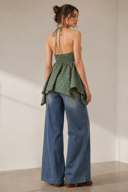back view halter neck top tie back cotton ethnic print style