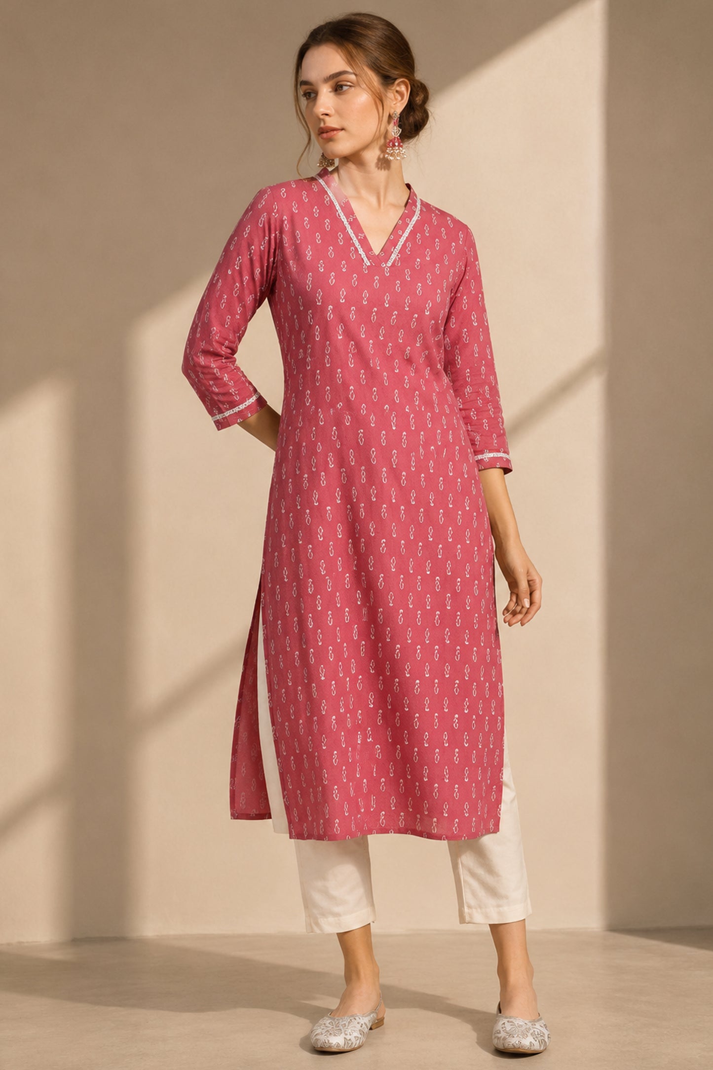 Pink kurti paired with flats for casual daytime styling