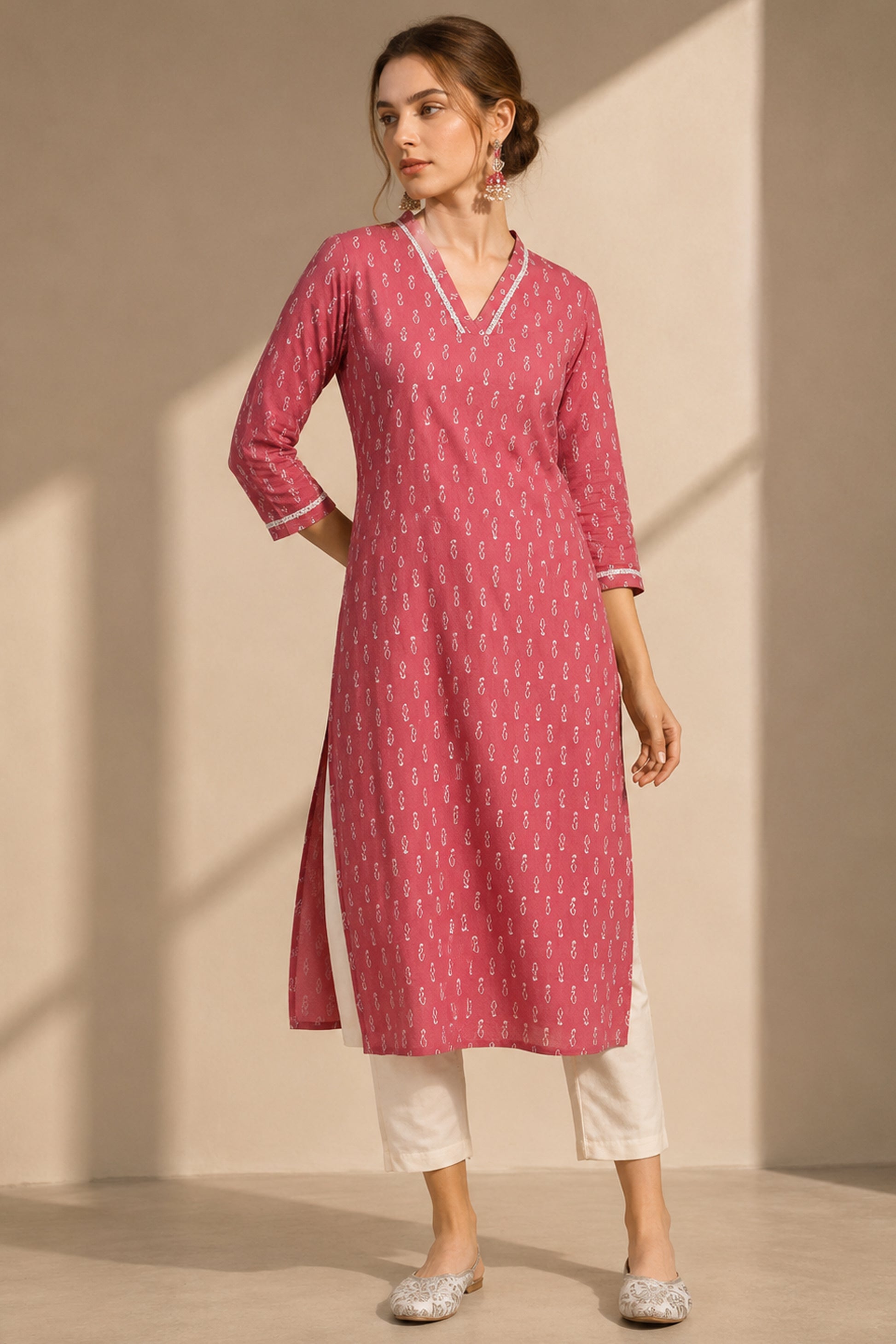 Pink kurti paired with flats for casual daytime styling