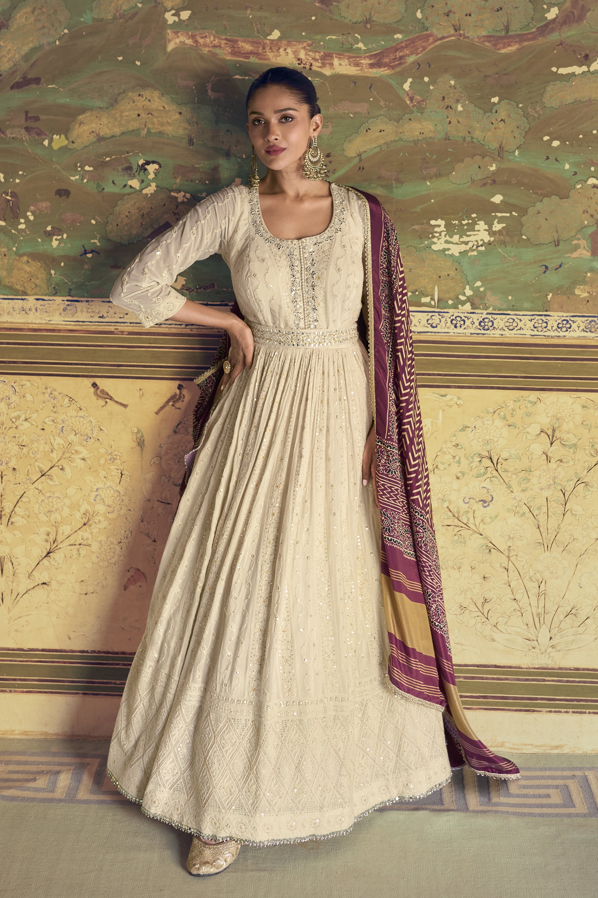 Cream anarkali front view with embroidered detailing