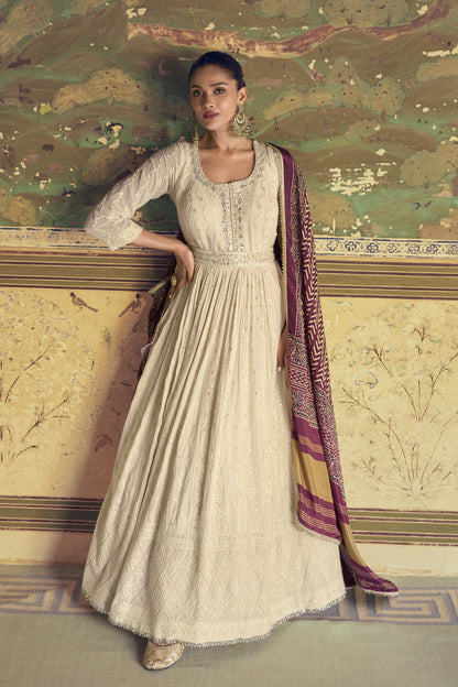 Cream anarkali front view with embroidered detailing