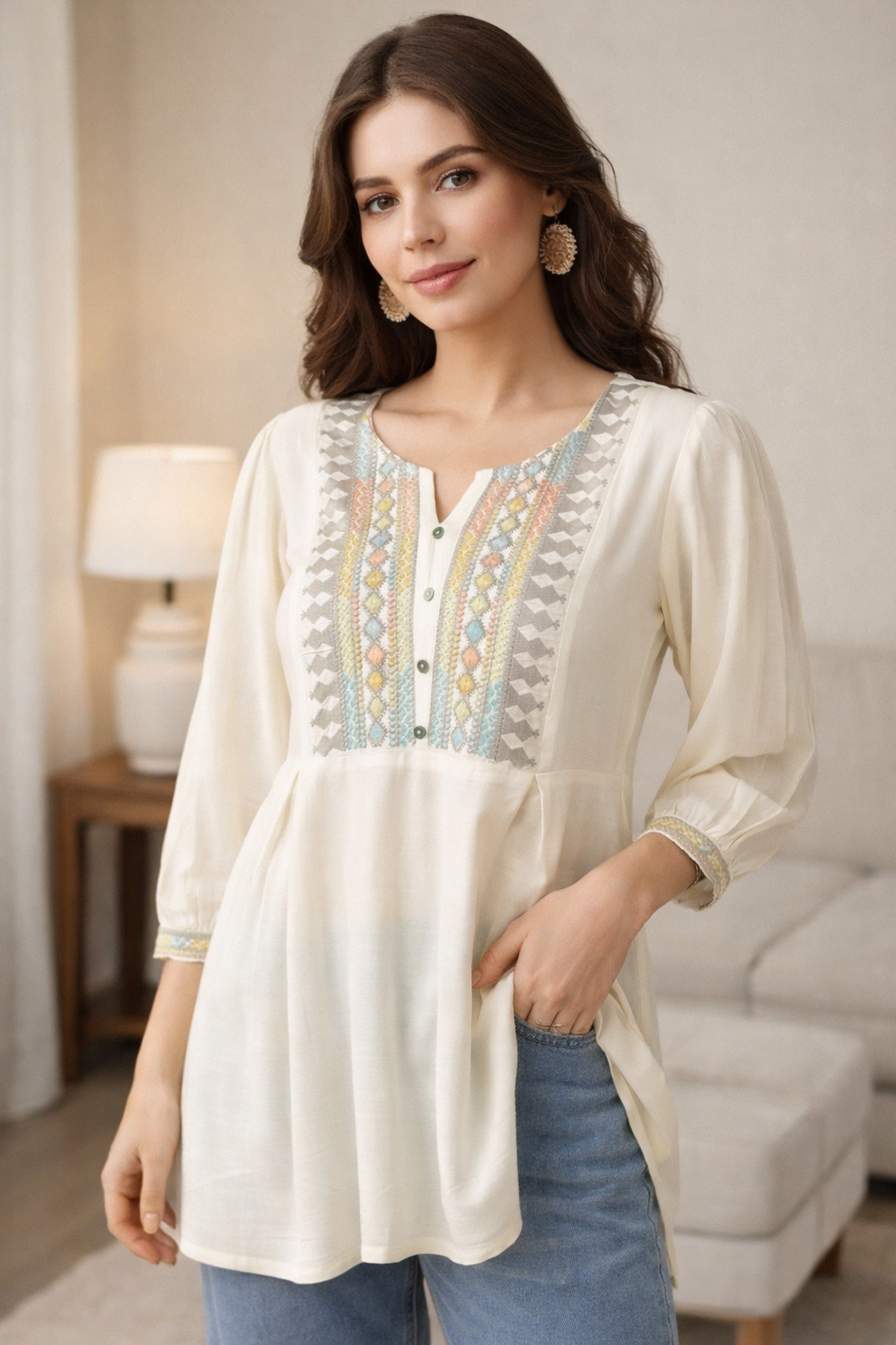 Off white A-line tunic front view with floral embroidery