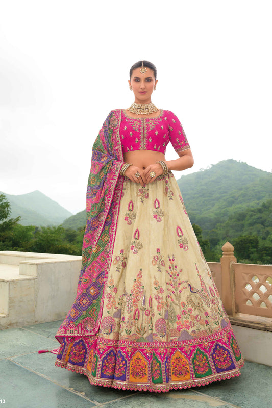 cream lehenga full front view with silk drape