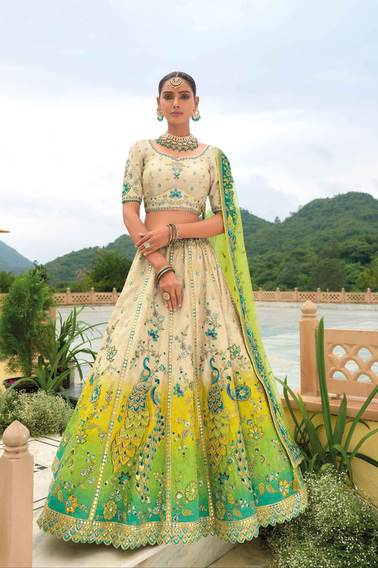 Cream lehenga front view with multi color shading