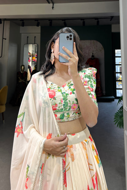 cream lehenga choli close up floral print georgette fabric