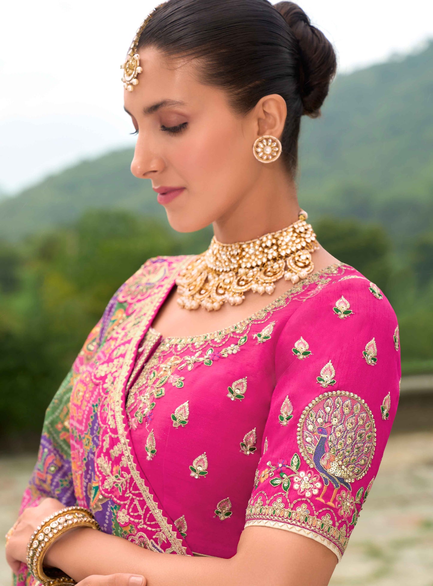 cream lehenga choli embroidered detail close up