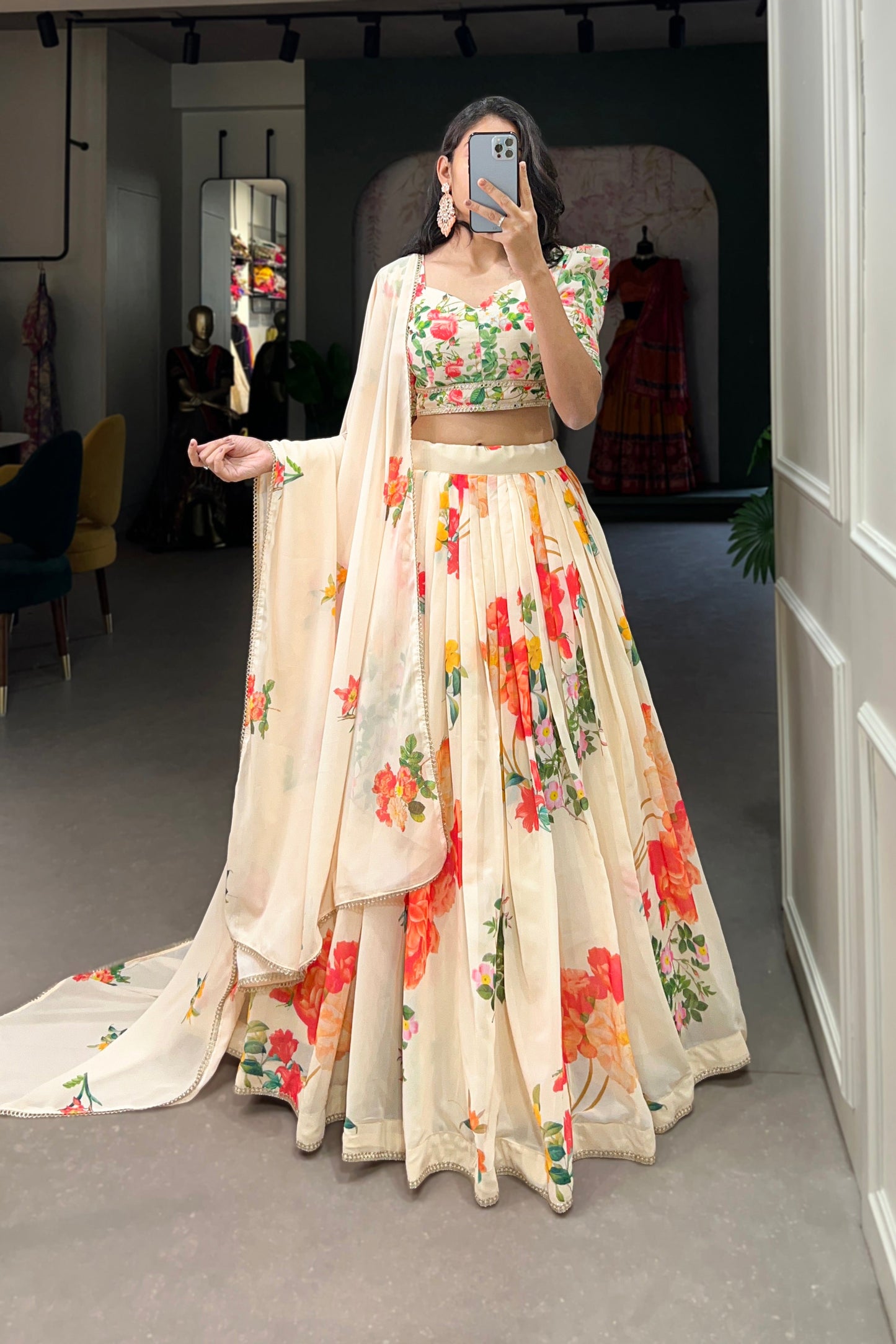 soft georgette flow of cream lehenga skirt movement