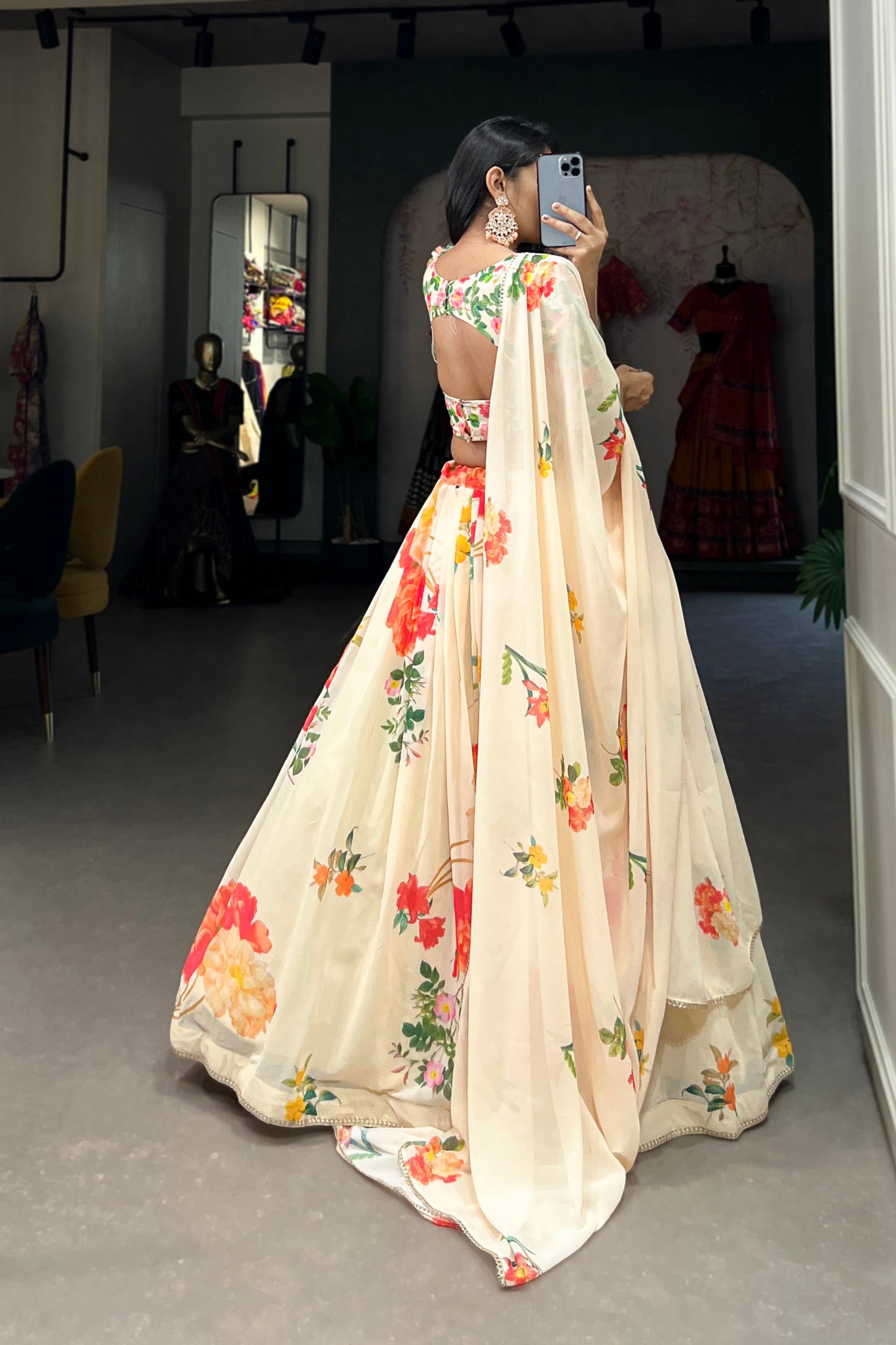 back view cream lehenga choli with floral print pattern