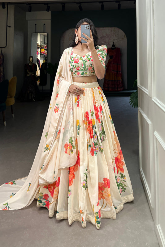 cream long choli lehenga full front view with floral print