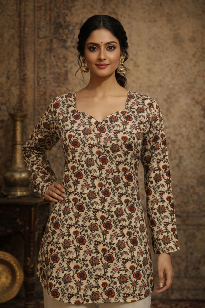 cream tops for women with soft digital print front view