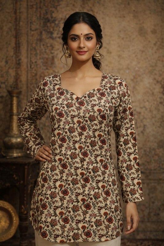 cream tops for women with soft digital print front view