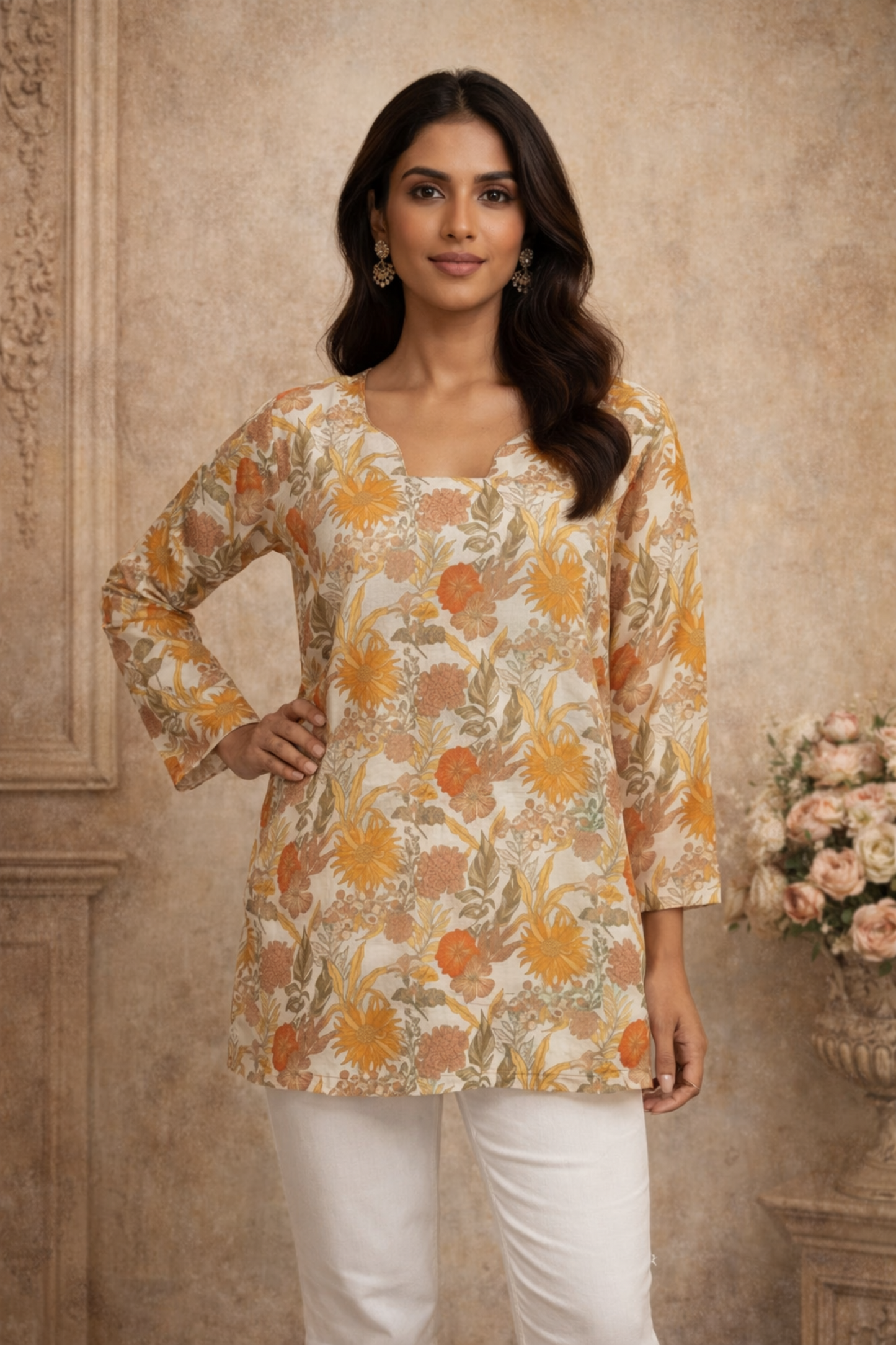 cream tunic tops for women front view with digital prints