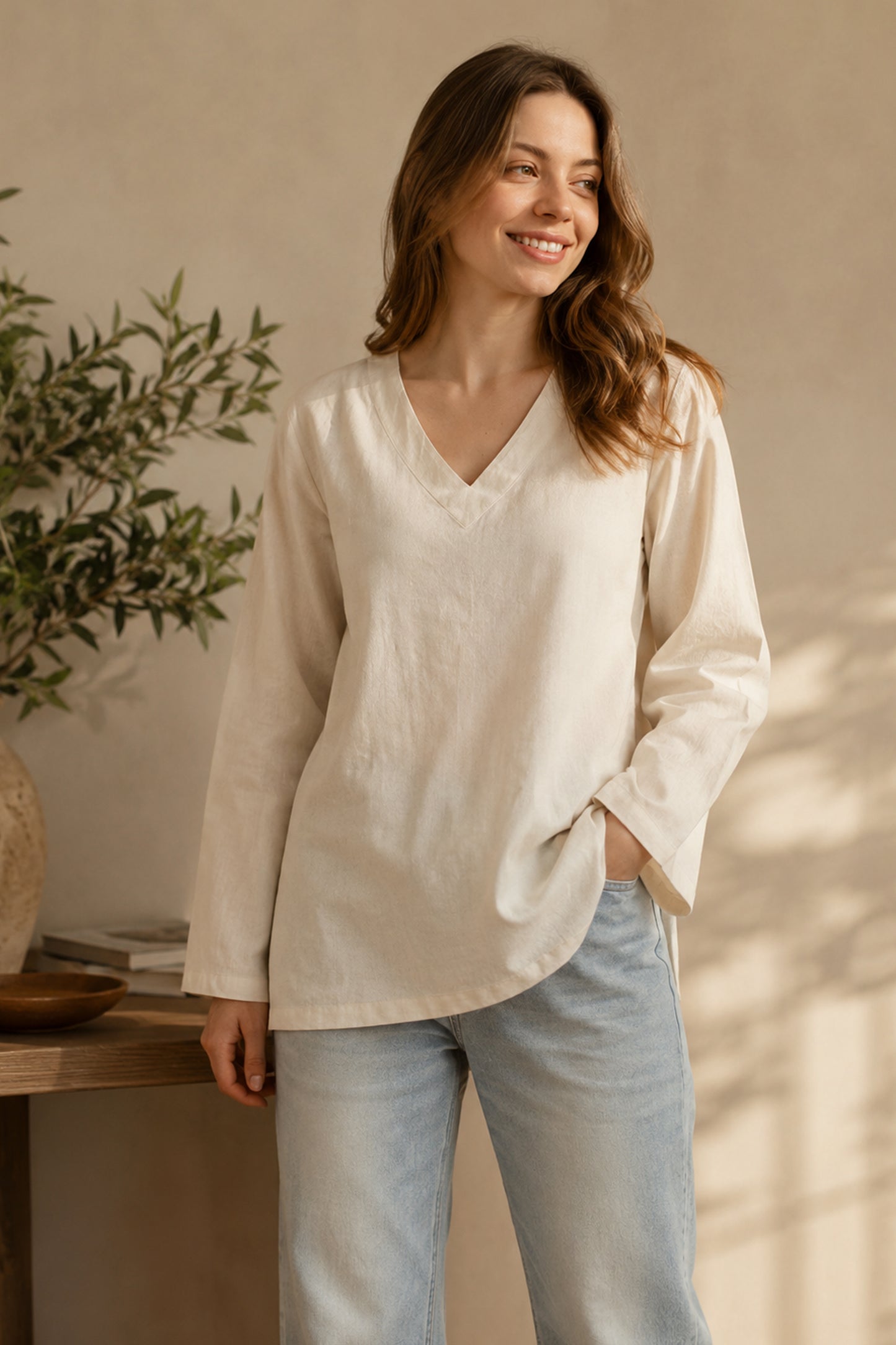 Cream women tunic top with solid casual styling