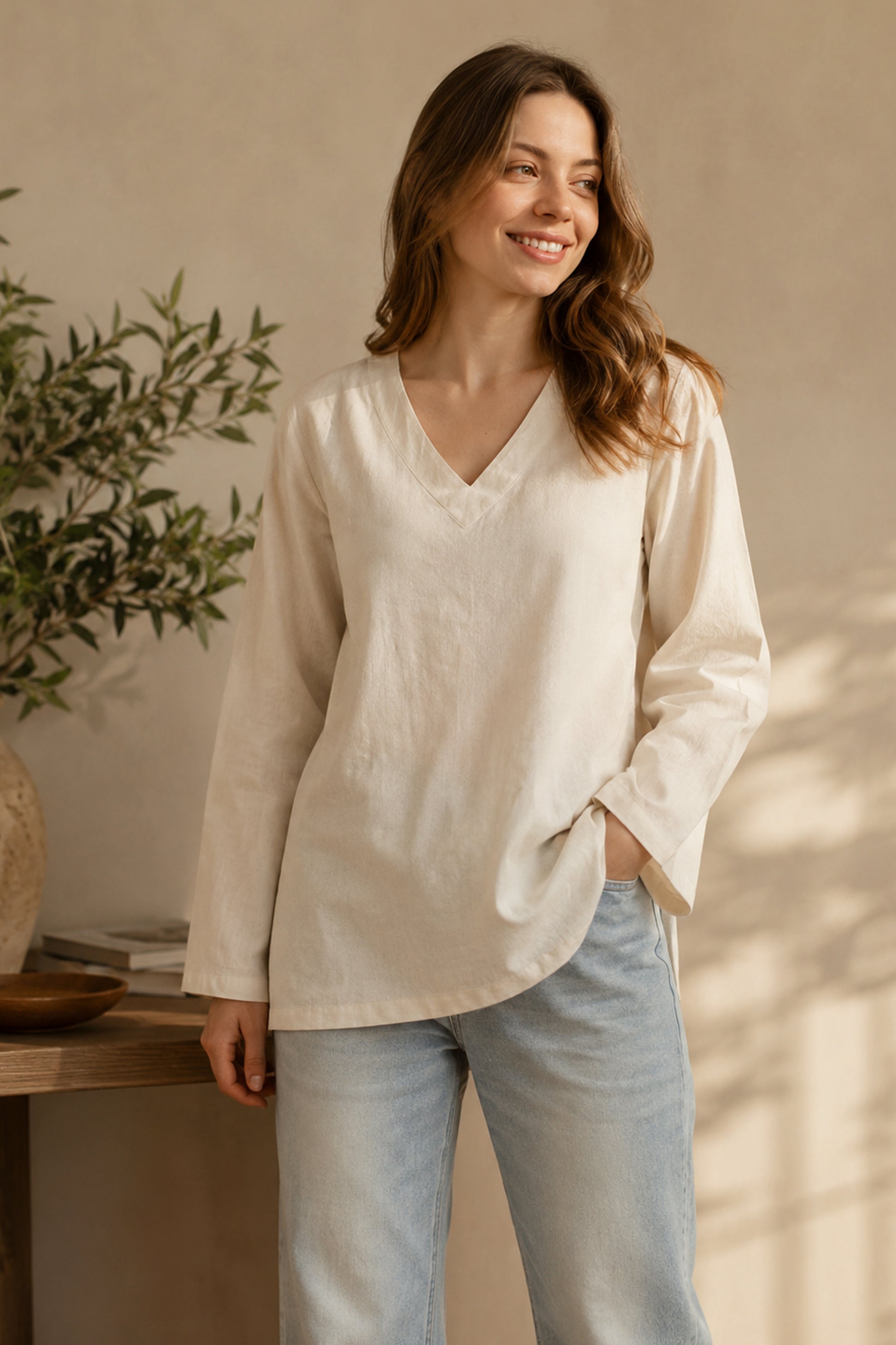 Cream women tunic top with solid casual styling