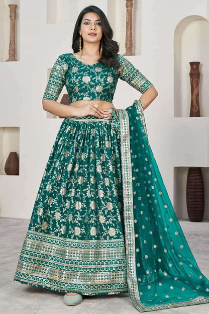 teal net lehenga choli with sequins zari embroidery detail