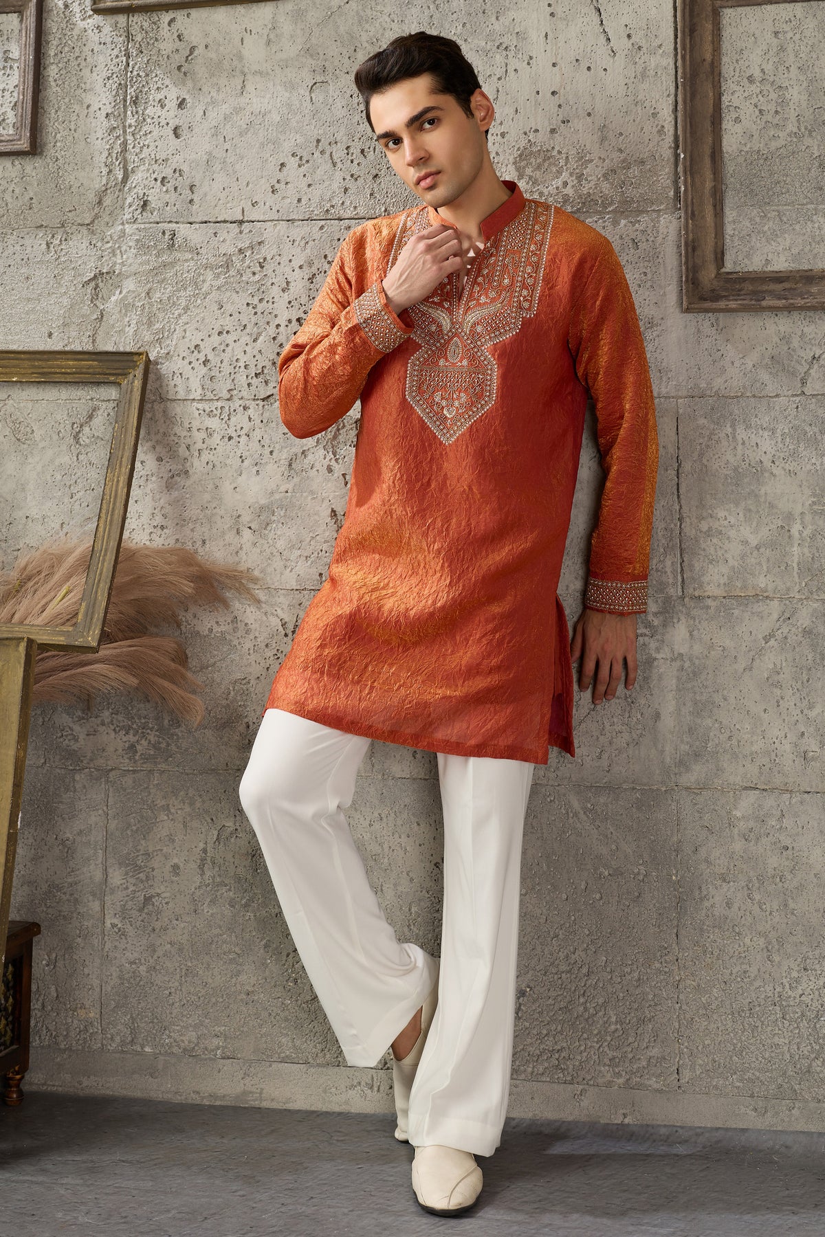 Orange Indian traditional wear men full outfit view