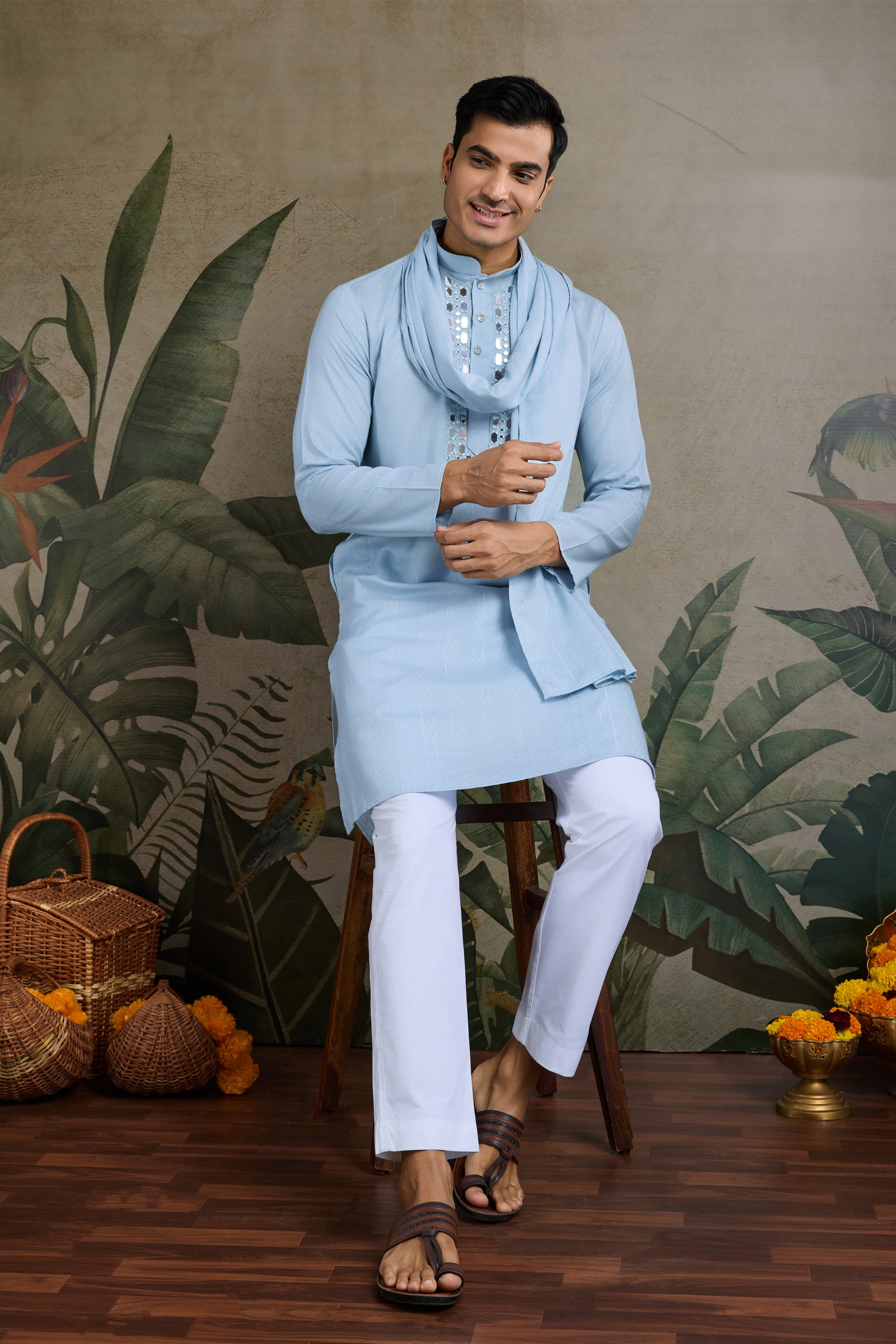 Cyan blue kurta for men paired with matching pajama