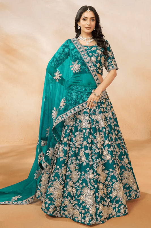 Cyan chaniya choli full front view with embroidery